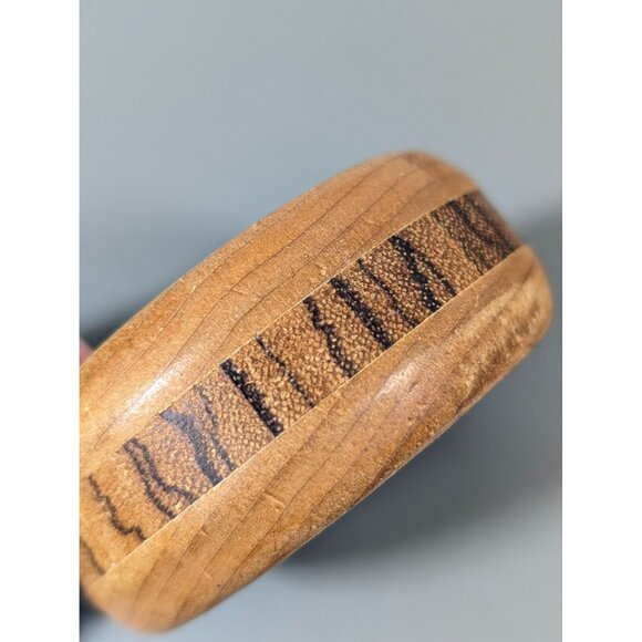 Vintage Brown Wood Inlay Wide Bangle Bracelet 8" Boho Tribal - Picture 3 of 6